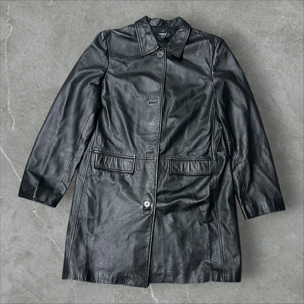 American Eagle Leather Car Coat Womens L Black Long Sleeve Button Trench Casual